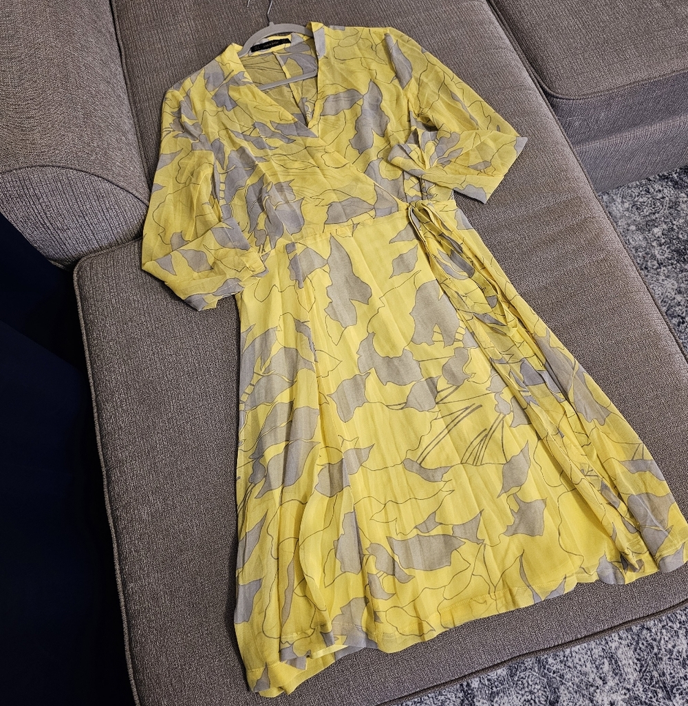 Zara Basic Yellow Gray Floral Lined Spring Wrap Mock Wrap Dress Size Large - Picture 2 of 5